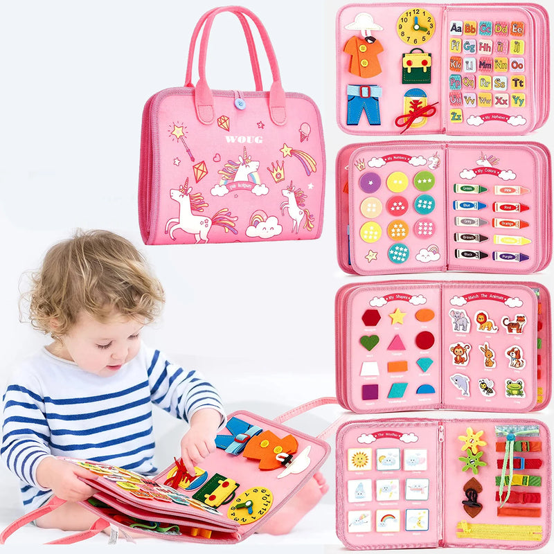21 Activities in 1! Our Montessori busy board is packed with fun and educational activities. From shapes and colors to buttons and zippers, it's everything your toddler needs to develop essential skills. Safe, durable, and portable, it's the perfect addition to your child's playroom.